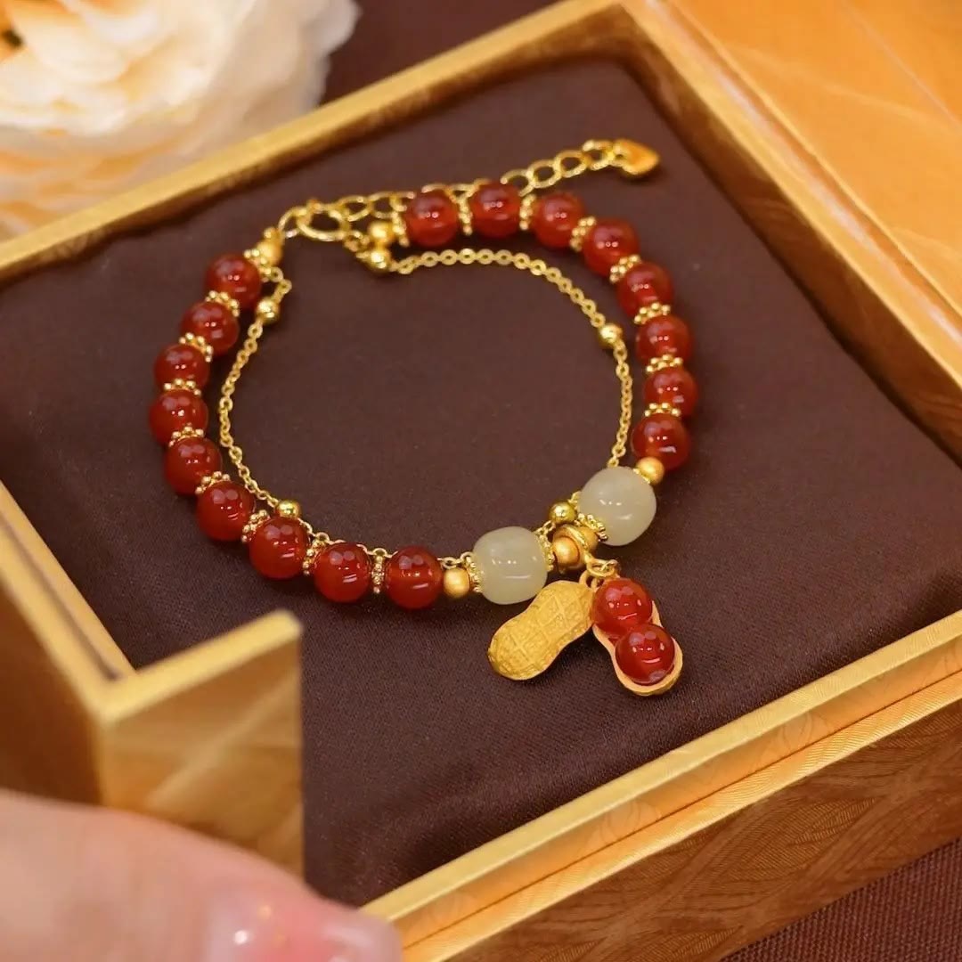Perlenarmband mit Buddha Stonesn, Jadeblatt, Ginkgo-Tulpe, Erdnuss-Fu-Charakter, Glücksperlen - Rote Perle & Erdnuss - image 20