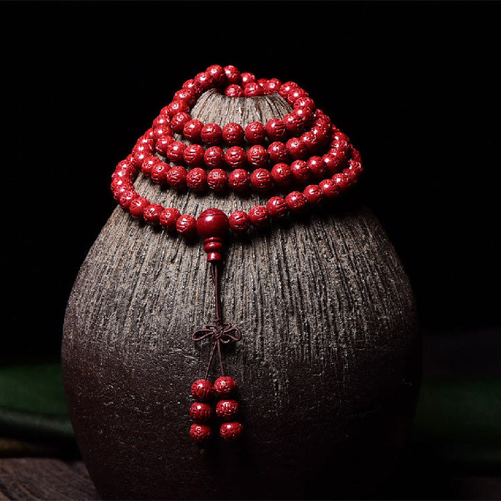 Buddha Stones 108 Mala Perlen Zinnober Om Mani Padme Hum Muster graviertes Segensarmband - image 7