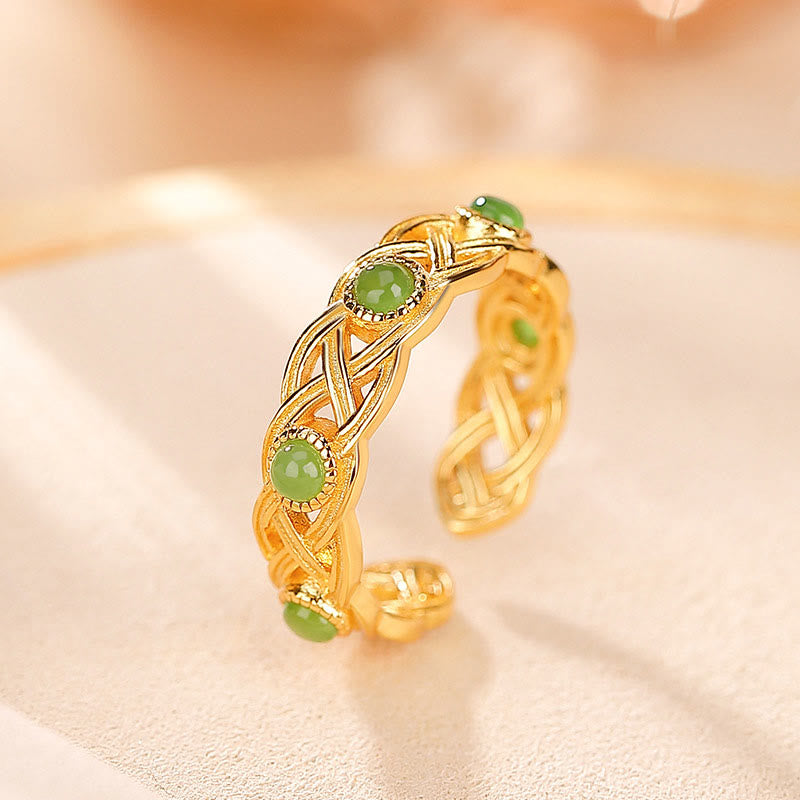 Verstellbarer Ring mit Buddha Stonesn, 925er-Sterlingsilber, vergoldet, Cyan-Jade, geflochtenes Design, Erfolg, Glück - Gold - image 1