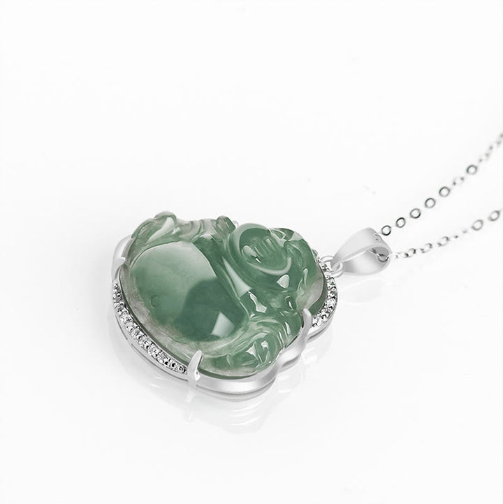 Buddha Stones 925 Sterling Silber Lachender Buddha Natürliche Jade Glück Wohlstand Halskette Kettenanhänger - image 4