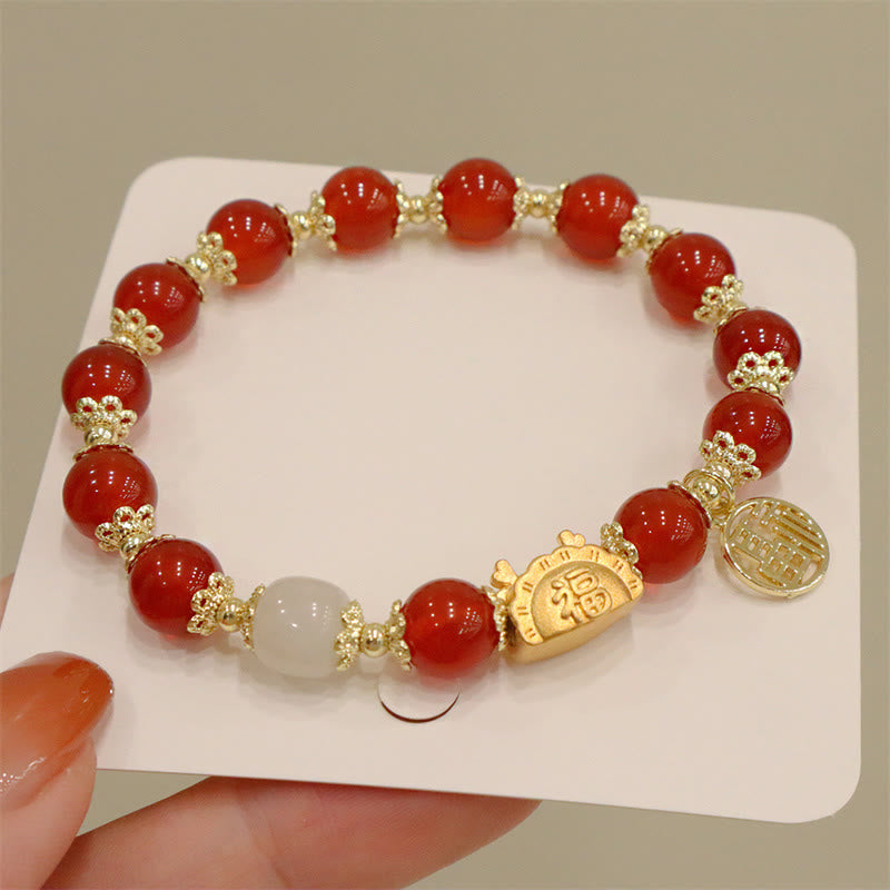 Buddha Stones, Jahr des Drachen, roter Achat, Erdbeerquarz, schwarzer Obsidian, Jade, Granat, Perle, Zinnober, Knödel, Drache, Glück, Fu, Charakter-Armband - Roter Achat (Handgelenkumfang 14–19 cm) - image 0