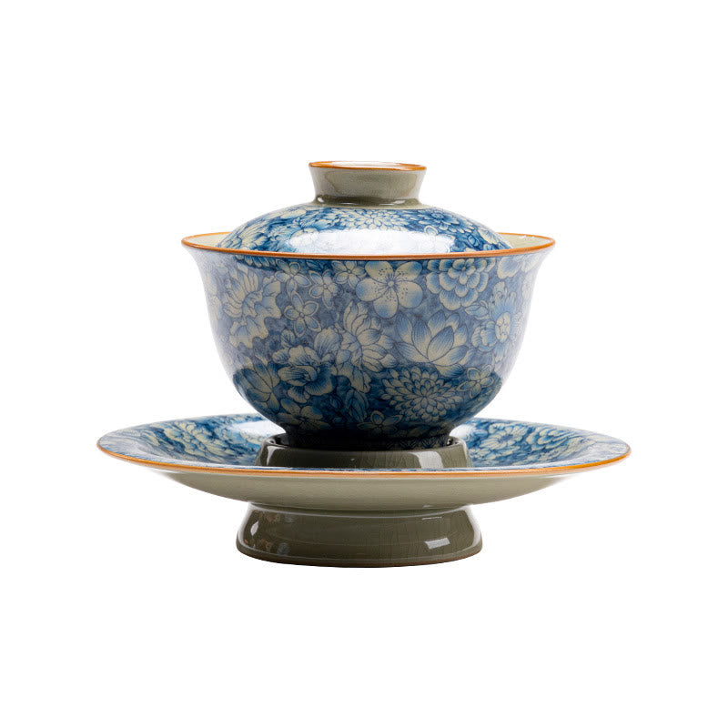 Buddha Stones Vintage Blaues und Weiß Porzellan Pfirsichblüte Lotus Pfingstrose Keramik Gaiwan Sancai Teetasse Kung Fu Teetasse und Untertasse mit Deckel - image 9