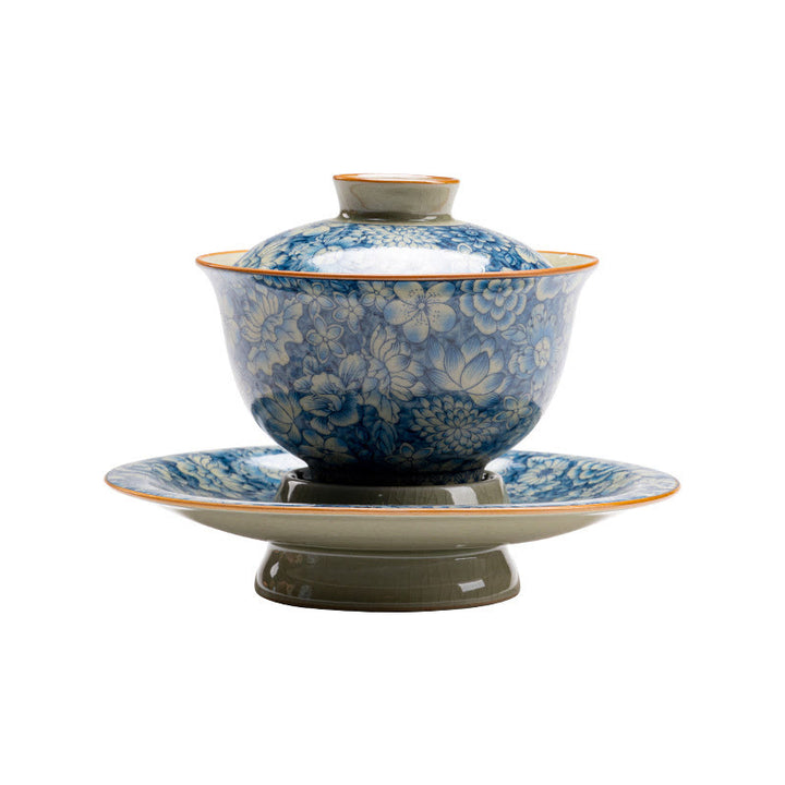 Buddha Stones Vintage Blaues und Weiß Porzellan Pfirsichblüte Lotus Pfingstrose Keramik Gaiwan Sancai Teetasse Kung Fu Teetasse und Untertasse mit Deckel - image 9