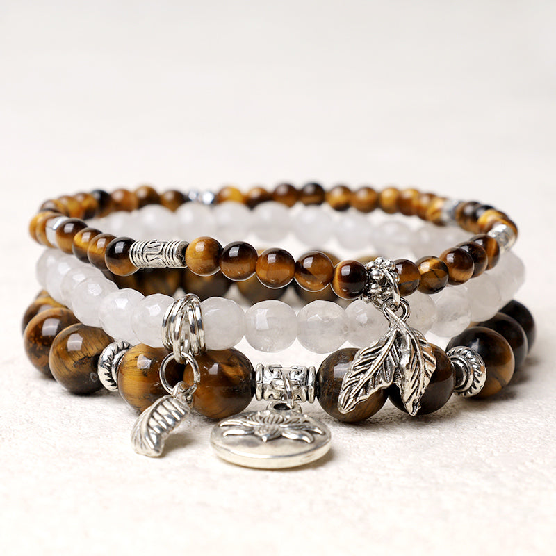 Buddha Stones 3-teiliges Armband aus natürlichem Quarzkristall mit Perlen und Heilenergie, Lotus