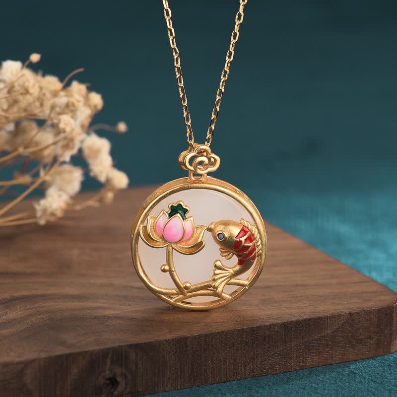Weiß Jade-Koi-Fisch-Lotus-Segen-Halskettenanhänger - Weiße Jade - image 1