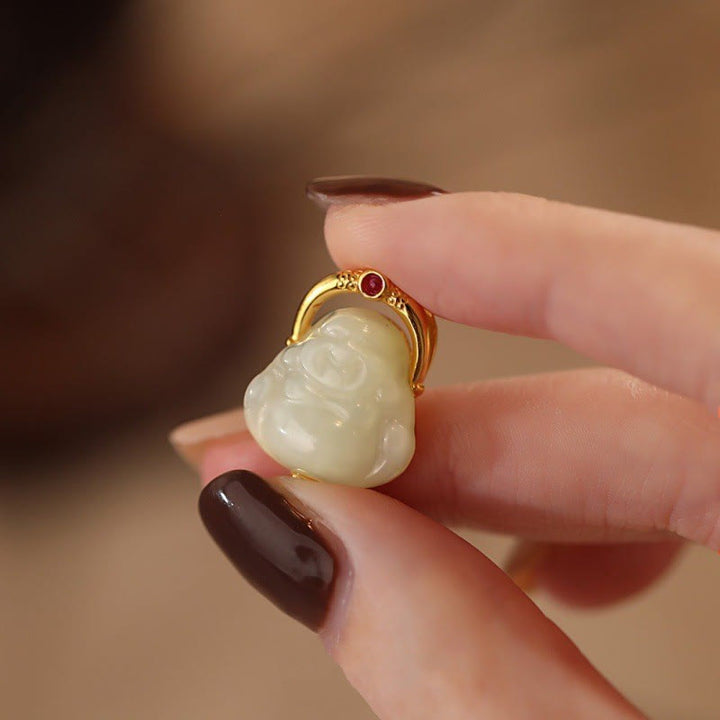 Buddha Stones 925 Sterling Silber natürliche Hetian Jade lachender Buddha Fülle Kette Halskette Anhänger - image 2