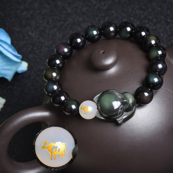 Buddha Stones Natürliches Regenbogen-Obsidian-Goldglanz-Obsidian-Silberglanz-Obsidian-Fuchs-Heilarmband