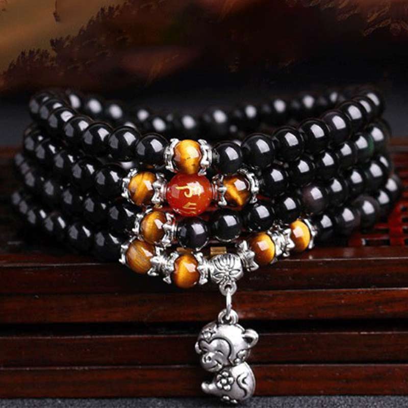 Chinesisches Sternzeichen 108 Perlen schwarzes Obsidian-Tigerauge-Glücks-Mala-Armband