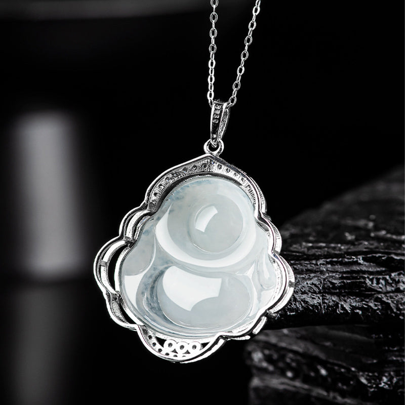 Buddha Stones 925 Sterling Silber Lachender Buddha Natürliche Jade Fülle Halskette Anhänger - image 7