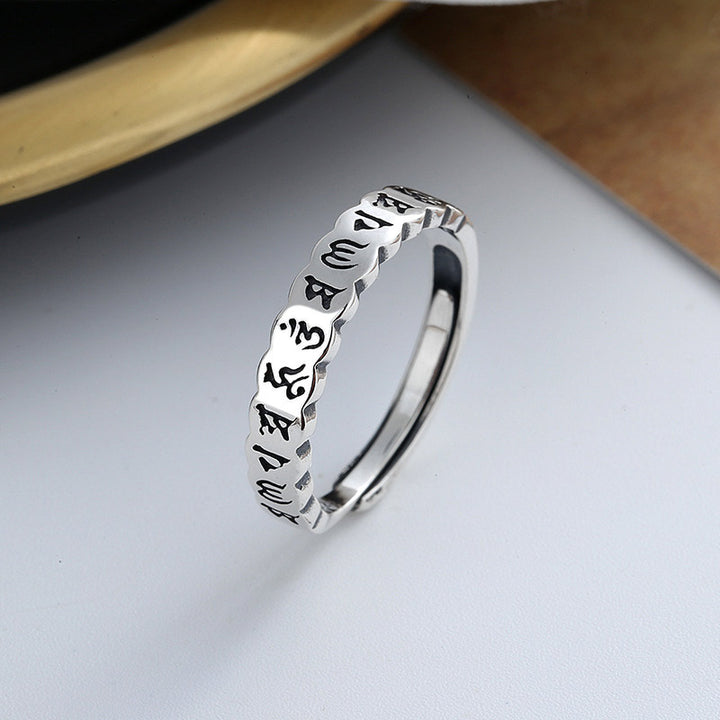 Buddha Stones Ring aus 925er-Sterlingsilber mit sechs wahren Worten und ruhiger Weisheit
