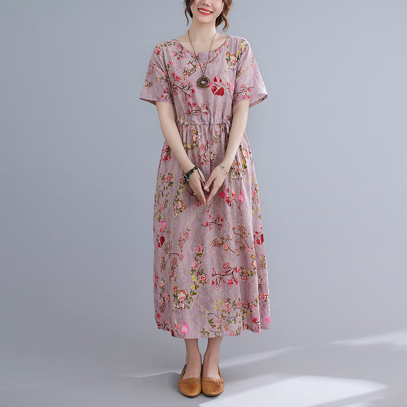 Midikleid mit Buddha-Steinen und Blumen-Print, Tunikakleid aus Baumwolle und Leinen mit Taschen