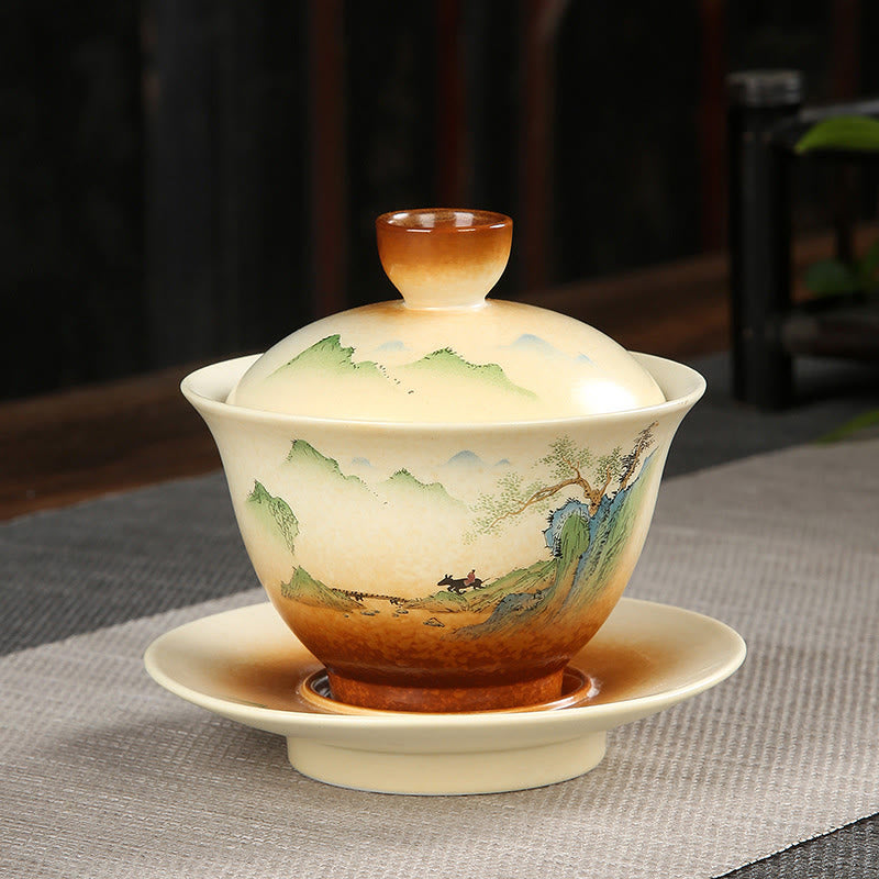 Buddha Stones ​​Berglandschaft Landschaft Keramik Gaiwan Sancai Teetasse Kung Fu Teetasse und Untertasse mit Deckel - 11 cm × 10 cm × 100–130 ml - image 0