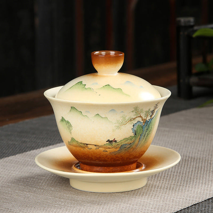 Buddha Stones ​​Berglandschaft Landschaft Keramik Gaiwan Sancai Teetasse Kung Fu Teetasse und Untertasse mit Deckel - 11 cm × 10 cm × 100–130 ml - image 0