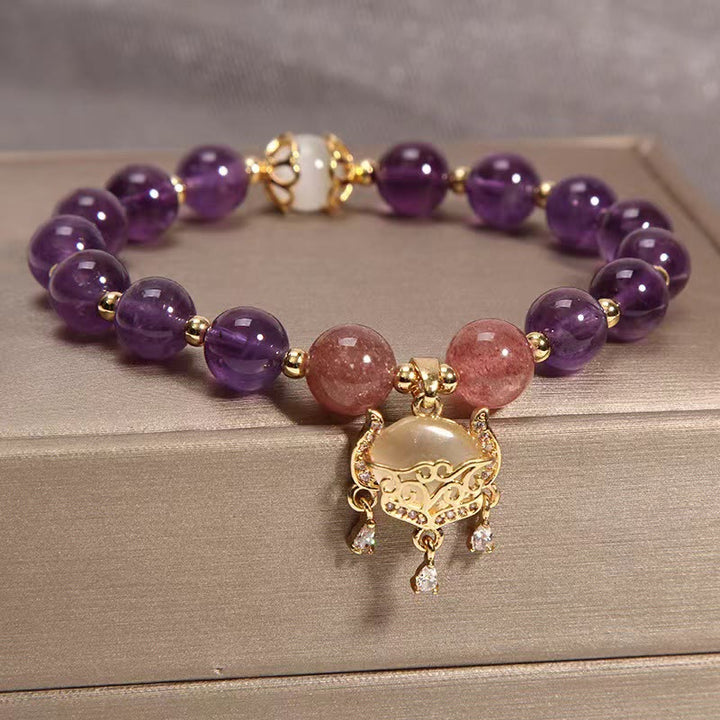 Buddha Stones Natürliches Amethyst-Erdbeerquarz-Katzenauge, chinesisches Schloss-Charm-Heilungsarmband - image 3