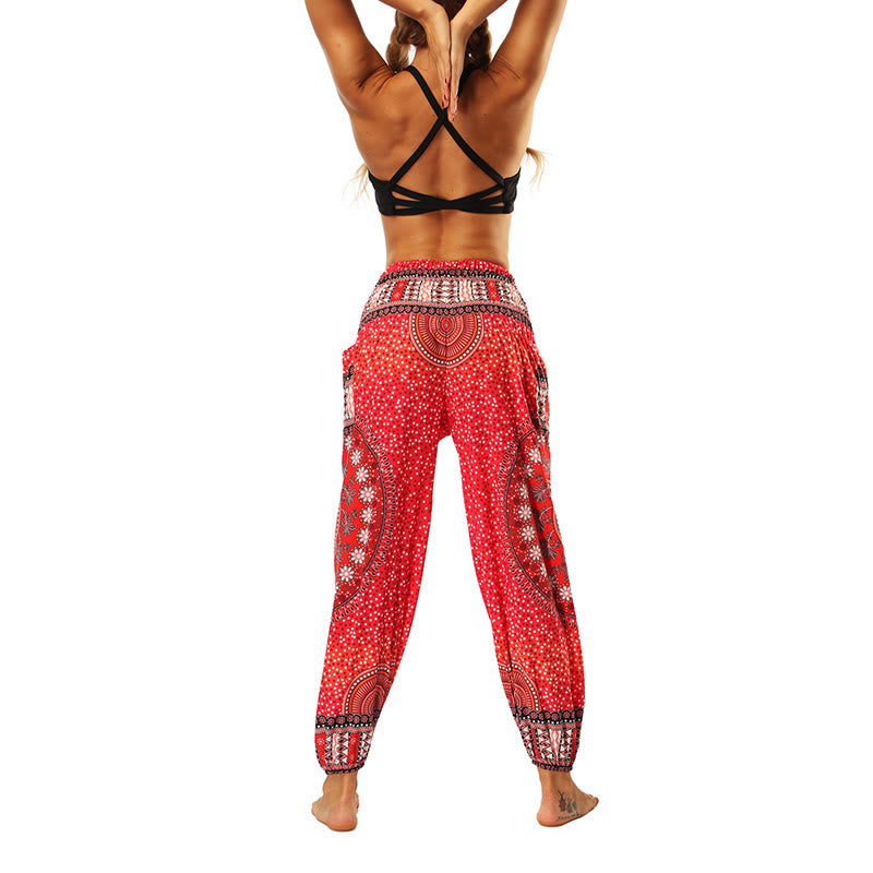 Buddha Stones Boho Lockere Haremshose mit geometrischem Elefantenmuster für Damen, Yogahose