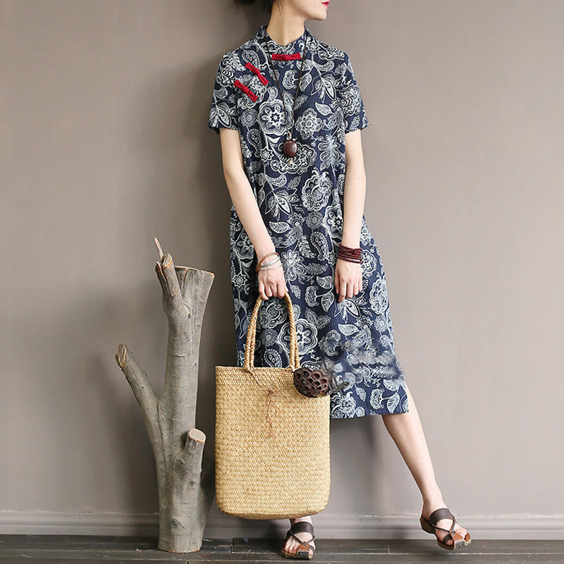 Buddha Stones Blau- Weiß Blume Froschknopf Cheongsam Kleider Kurzarm Leinenkleider mit Taschen