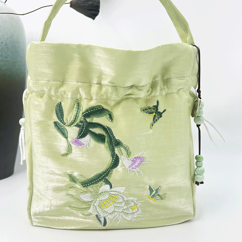 Buddha Stones bestickte Blumen Wisteria Lilie Baumwoll-Leinen Umhängetasche Schultertasche Handtasche