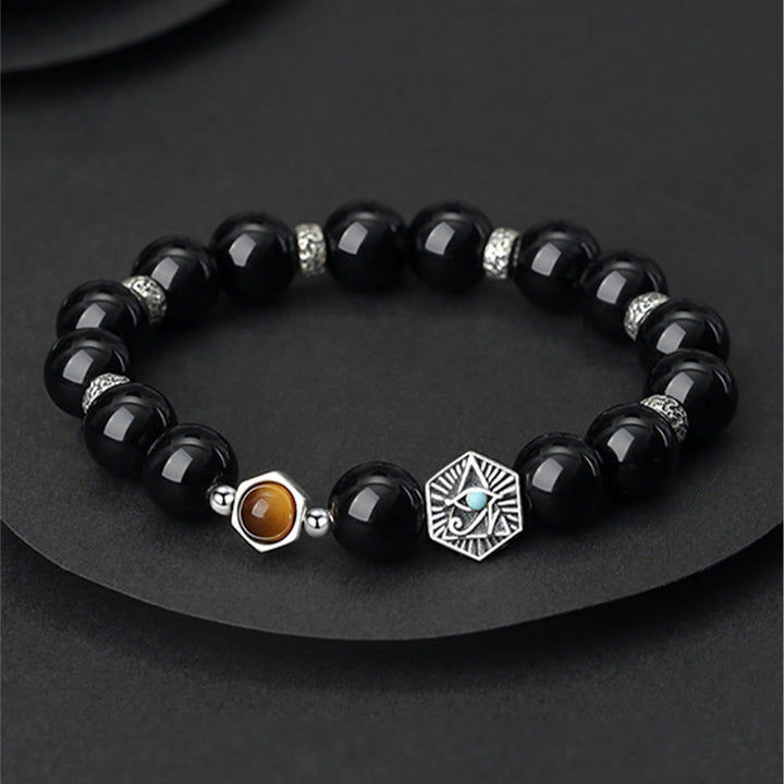 Buddha Stones 925 Sterling Silber Schwarzer Obsidian Tigerauge Auge der Vorsehung Reinigungsarmband