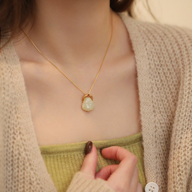 Buddha Stones 925 Sterling Silber natürliche Hetian Jade lachender Buddha Fülle Kette Halskette Anhänger - image 4