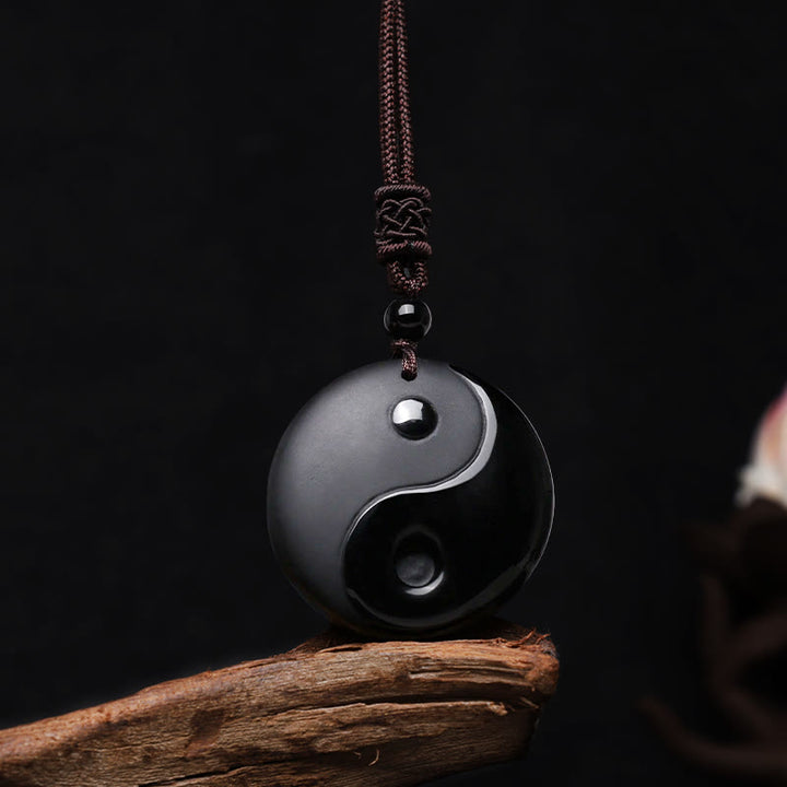 Buddha Stones, schwarzer Obsidian, Taoismus, fünf heilige Berge, Mantra mit neun Charakteren, geschnitzte Reinigung, Yin-Yang-Halskettenanhänger