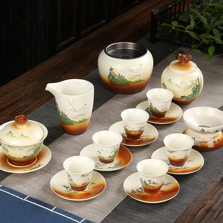 Buddha Stones Berglandschaft Landschaft Keramik Gaiwan Sancai Teetasse Kung Fu Teetasse und Untertasse mit Deckel