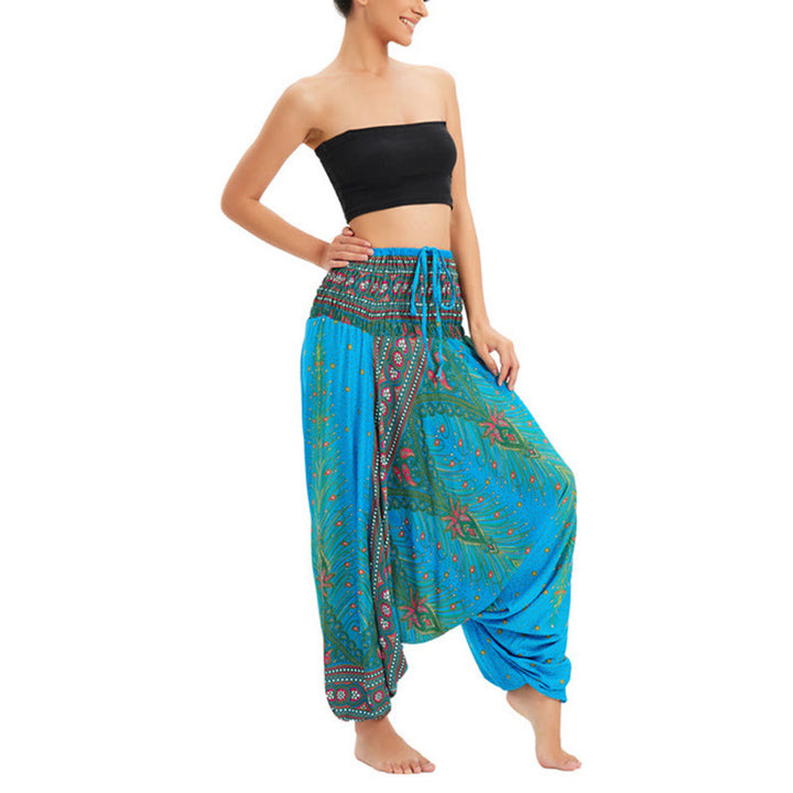 Buddha Stones Zwei Stile Tragen Pfauenfeder Lockere gesmokt Haremshose Overall Hohe Taille Hose