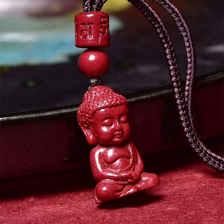 Buddha Stones, natürlicher Zinnober-Buddha-Muster, Om Mani Padme Hum, Segensschnur, Halsketten-Anhänger