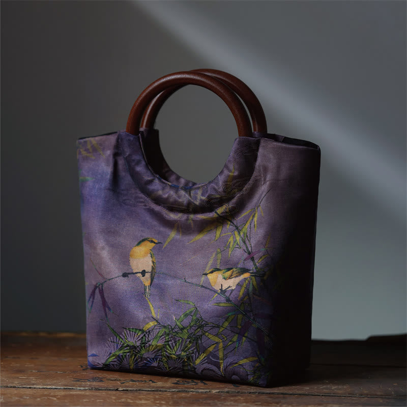 Buddha-Steine, Pfingstrose, Blume, Bambusblätter, Vogel, Massivholzgriff, Handtasche