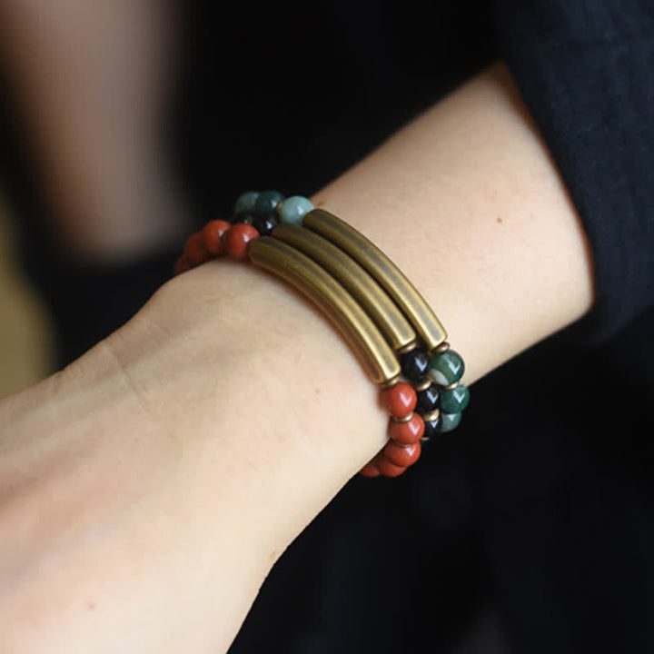 Buddha Stones, roter Jaspis, Moosachat, schwarzer Obsidian, Kristall, Kupfer, Friedenspaar-Armband