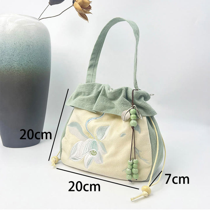 Buddha Stones Suzhou Stickerei Lotus Epiphyllum Magnolie Baumwollleinen Tragetasche Umhängetasche Schultertasche Handtasche