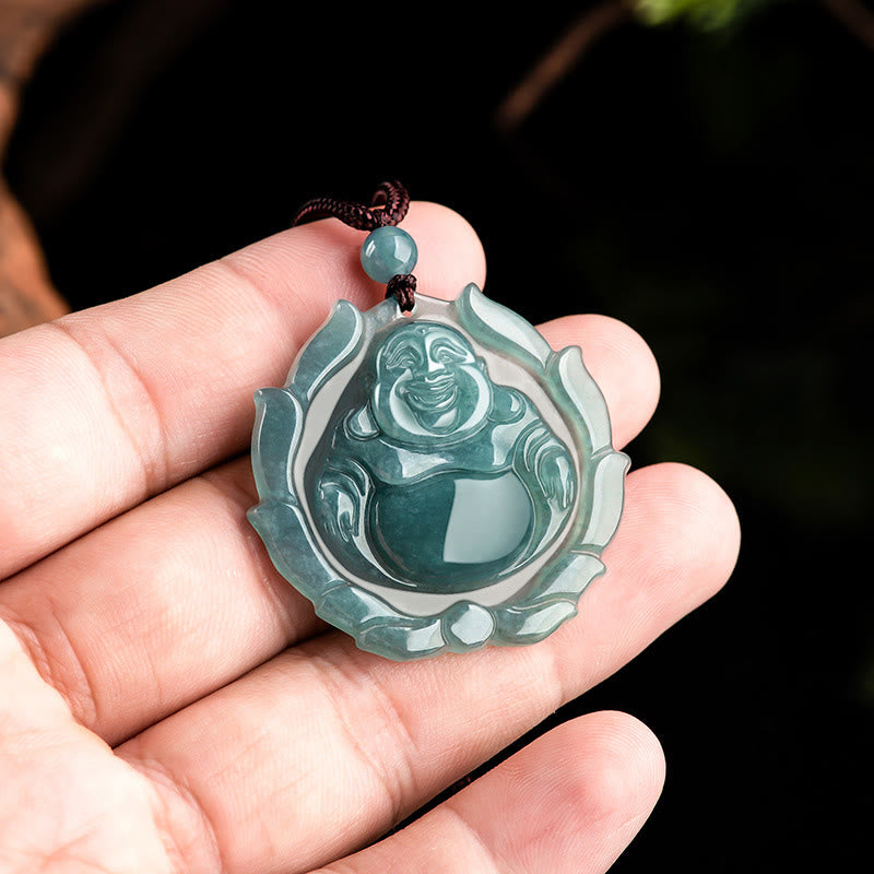 Buddha Stones, natürliche Jade, lachender Buddha, Lotus-Muster, Glücks-Halsketten-Anhänger - image 4