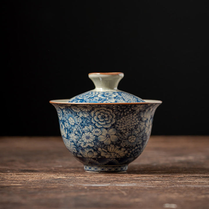 Buddha Stones Vintage Blaues und Weiß Porzellan Pfirsichblüte Lotus Pfingstrose Keramik Gaiwan Sancai Teetasse Kung Fu Teetasse und Untertasse mit Deckel - 10 cm × 9 cm × 160 ml - image 12