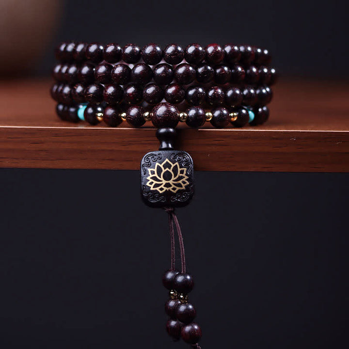 Buddha Stones 108 Mala-Perlen, tibetisches kleines Blatt, rotes Sandelholz, Lotus-Balance-Armband