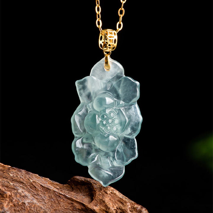 Buddha Stones 18K Gold natürliche Jade Lotus Muster Wohlstand Halskette Anhänger - image 7