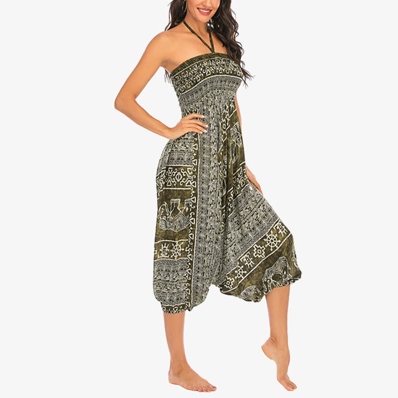 Buddha Stones Locker gesmokte Haremshose mit Elefantenmuster in zwei Stilen, Jumpsuit, Yogahose für Damen