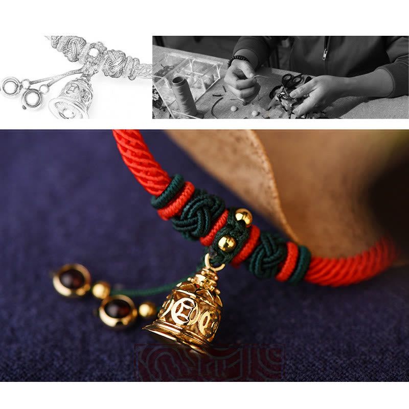 Buddha Stones 14K vergoldetes Kupfermünzen-Glocken-Granat-handgefertigtes rotes Seilarmband