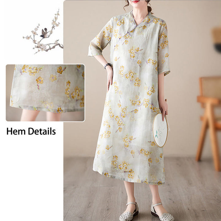 Buddha Stones – Cheongsam-Midikleid mit gelbem Blumen-Print, Baumwollleinen, Halbarmkleid mit Taschen