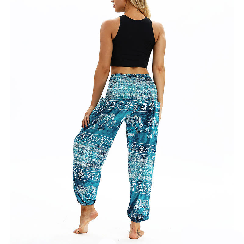 Buddha Stones Boho Lockere Haremshose mit geometrischem Elefantenmuster für Damen, Yogahose