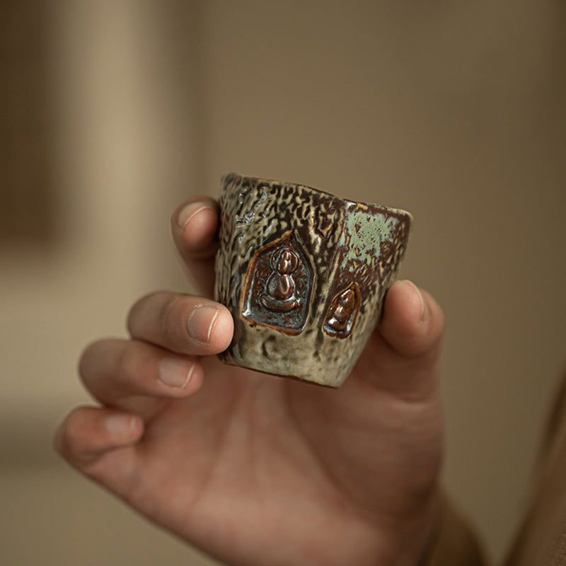 Buddha Stones Vintage-Teetasse in Dunhuang-Farbe, Buddha-Gravur, Kung-Fu-Teetasse