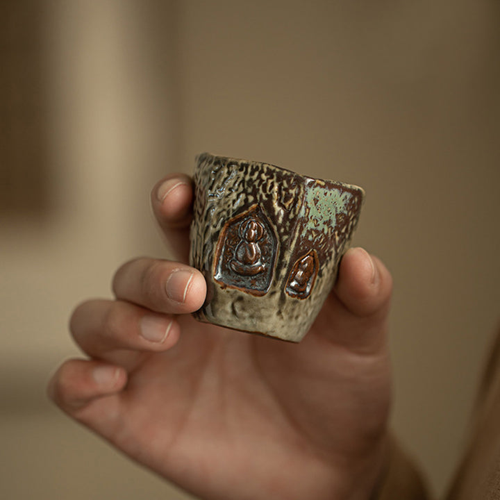 Buddha Stones Vintage-Teetasse in Dunhuang-Farbe, Buddha-Gravur, Kung-Fu-Teetasse