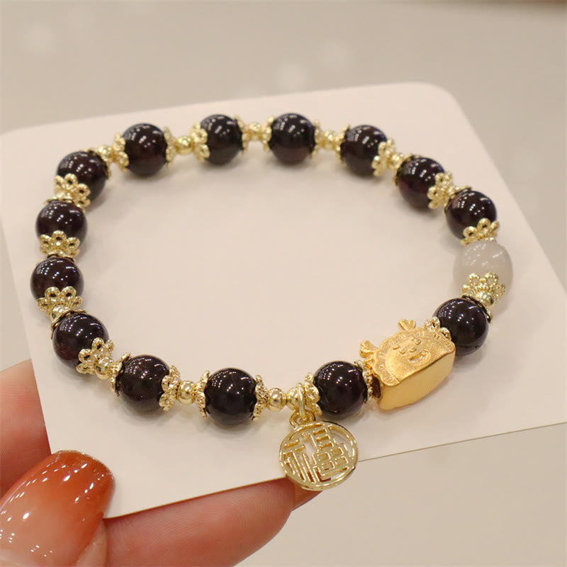 Buddha Stones, Jahr des Drachen, roter Achat, Erdbeerquarz, schwarzer Obsidian, Jade, Granat, Perle, Zinnober, Knödel, Drache, Glück, Fu, Charakter-Armband - Granat (Handgelenkumfang 14–19 cm) - image 24