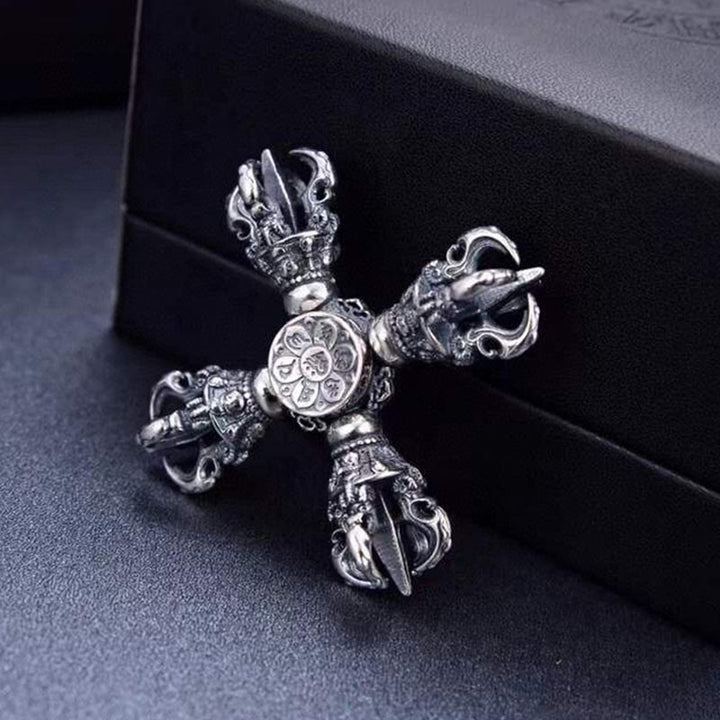 Buddha Stones Tibetischer Anhänger aus 925er Sterlingsilber mit graviertem Doppel-Dorje-Vajra – Symbol spiritueller Kraft - Handspielfigur 51 x 50 mm - image 0