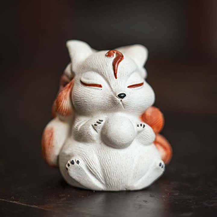 Buddha Stones, Mini-Fuchs mit neun Schwänzen, lila Ton, Glücksbringer, Schreibtisch-Dekoration