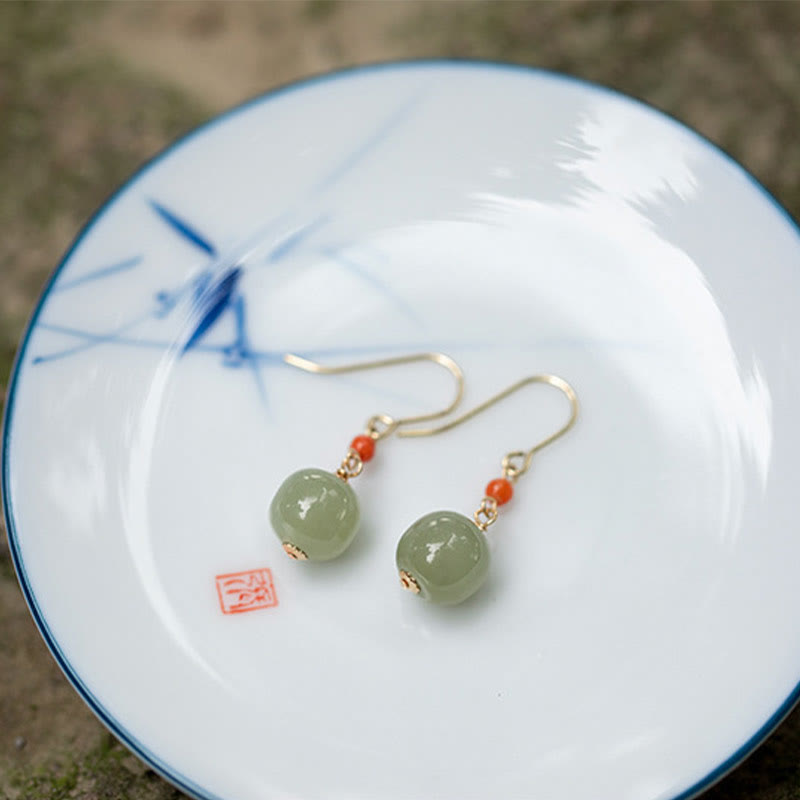 Buddha Stones 925 Sterling Silber vergoldet 14 Karat Gold Hetian Jade roter Achat Glück Tropfen Ohrringe - image 5