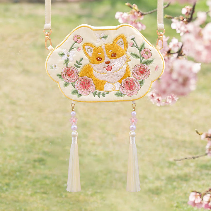 Buddha Stones, Stickerei, glücklicher Panda, Katze, Shiba Inu, Hirsch, Kaninchen, Fuchs, Blume, niedliches Tier, Hanfu-Tasche, Umhängetasche, Umhängetasche