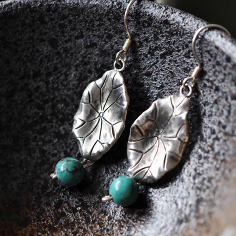 925 Sterling Silber Türkis Lotusblatt Schutz Tropfen Ohrhänger - image 5