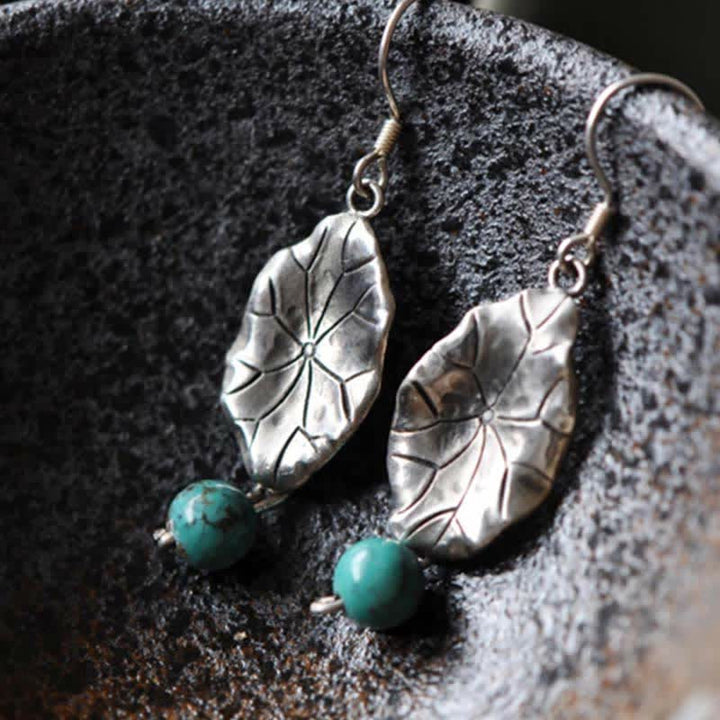 925 Sterling Silber Türkis Lotusblatt Schutz Tropfen Ohrhänger - image 5