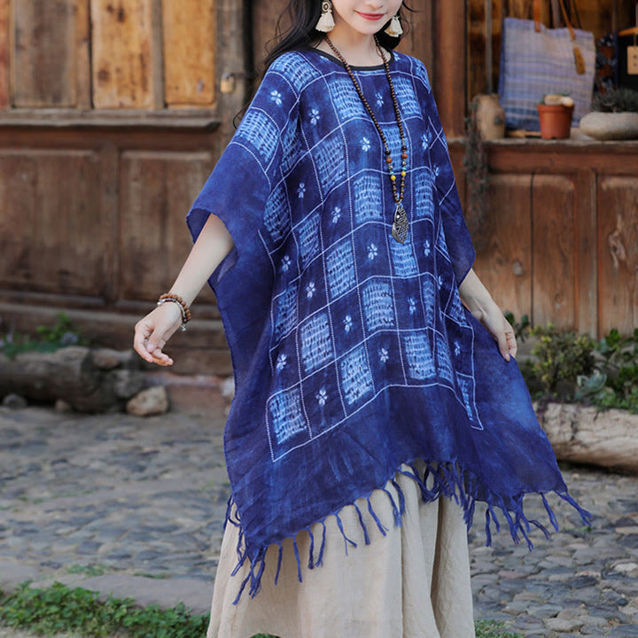 Buddha Stones Blau Farbblock Plaid Schal Quasten Weicher Pullover 90*95cm