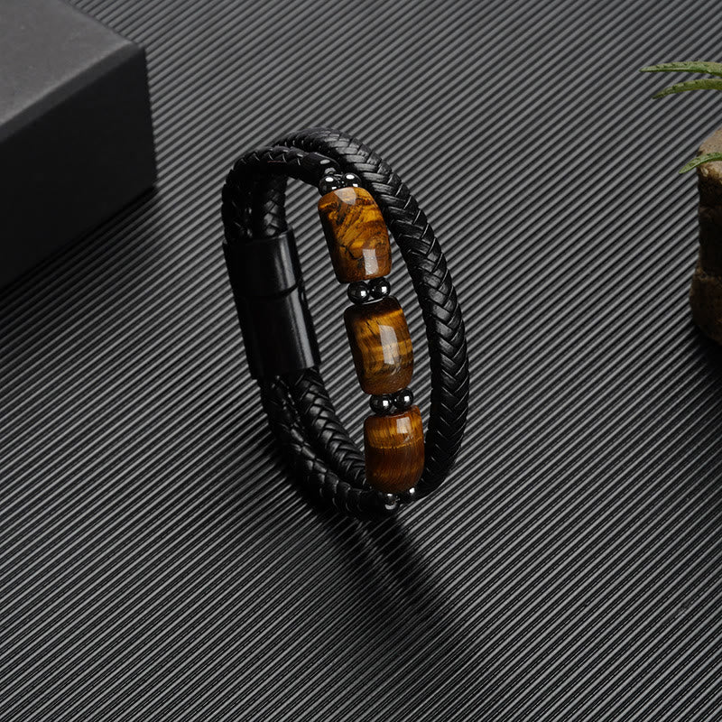 Buddha Stones Natürliches Tigerauge-Schutz-Willens-Lederarmband mit magnetischer Schnalle