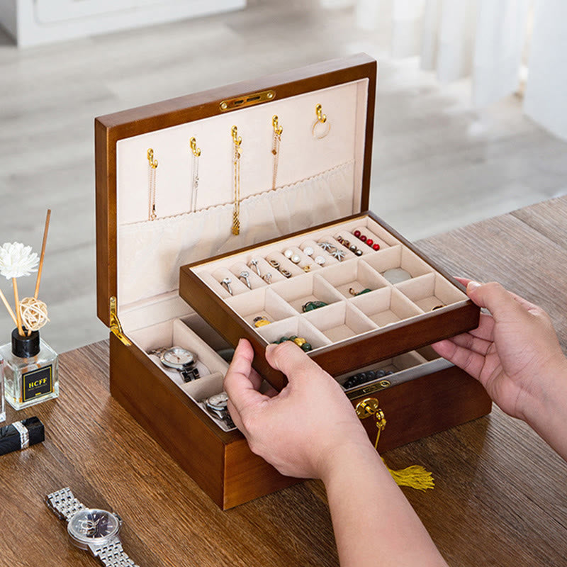 Buddha Stones Vintage-Schmuckkästchen aus Holz, zweilagige Aufbewahrungsbox für Schmuck aus massivem Holz